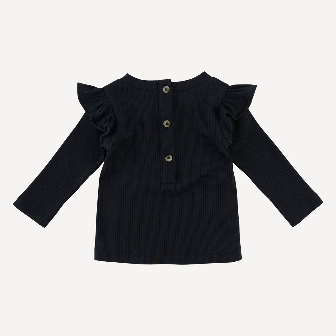 long sleeve ruffle shoulder top | black | organic cotton single rib