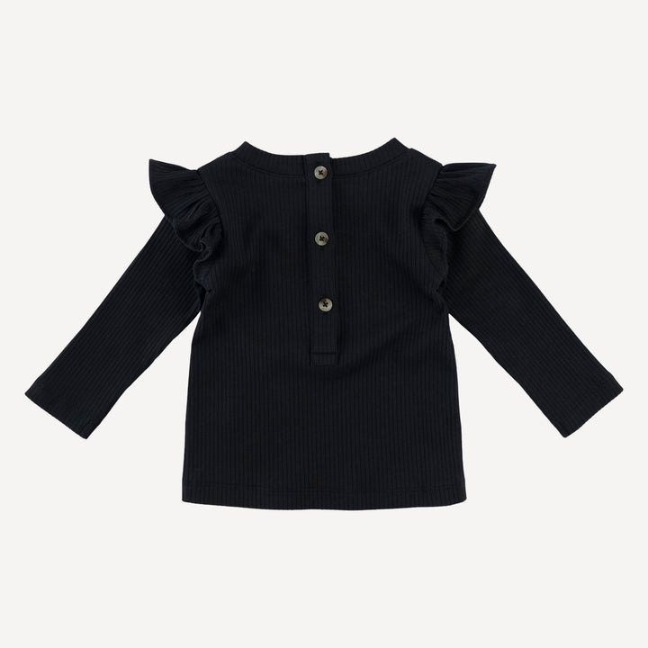 long sleeve ruffle shoulder top | black | organic cotton single rib
