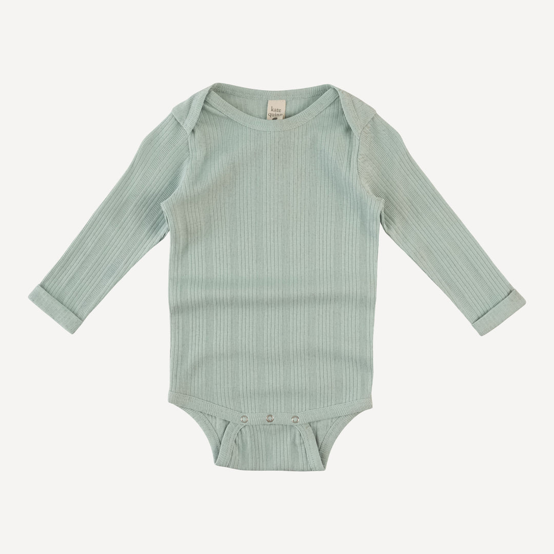 long sleeve lap neck bodysuit with rolled arms | heron blue | organic cotton multi rib