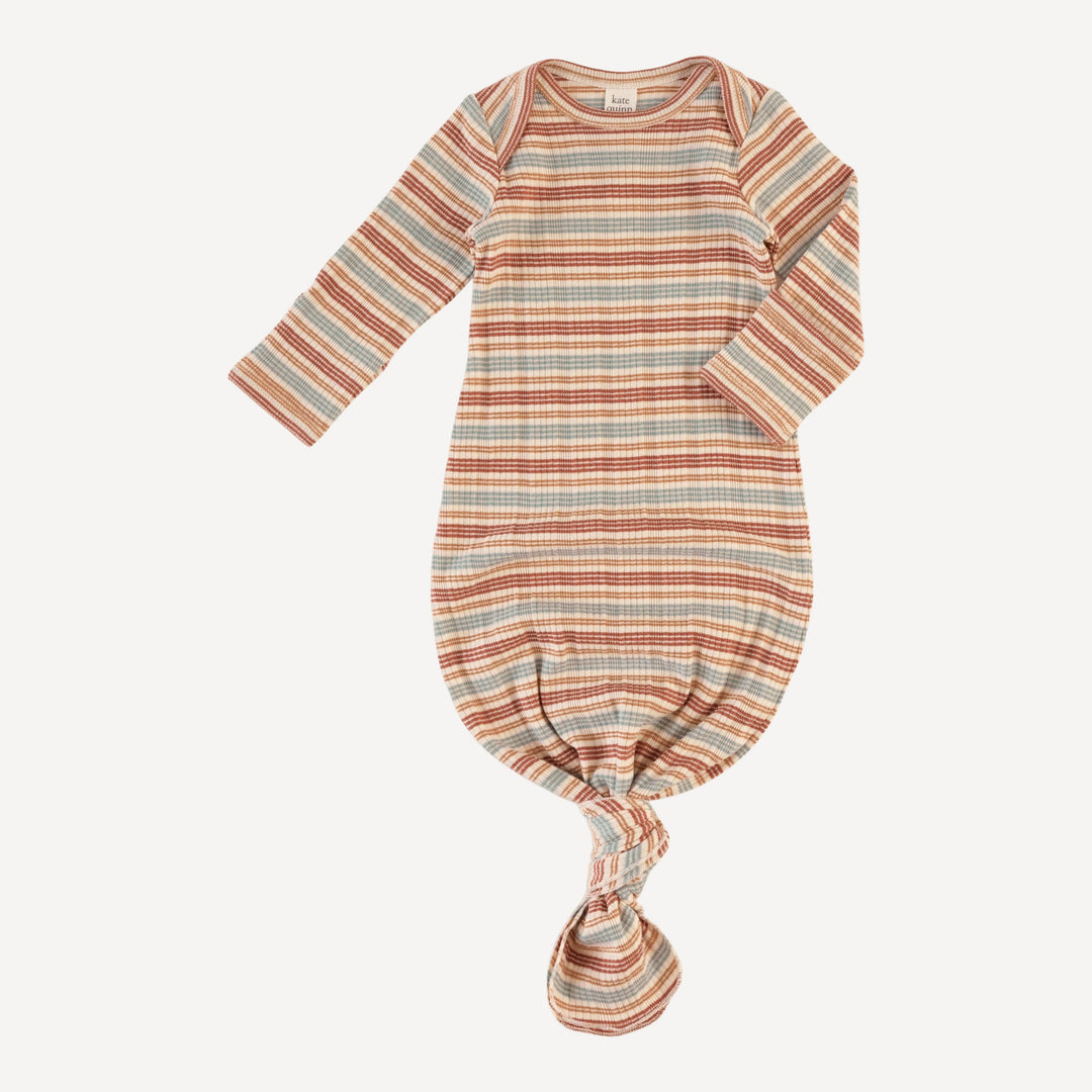 long sleeve lap neck knotted gown | multi stripe | organic cotton multi rib