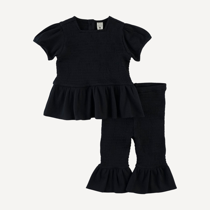short puff sleeve smocked ruffle top + pant set | black | organic cotton single rib