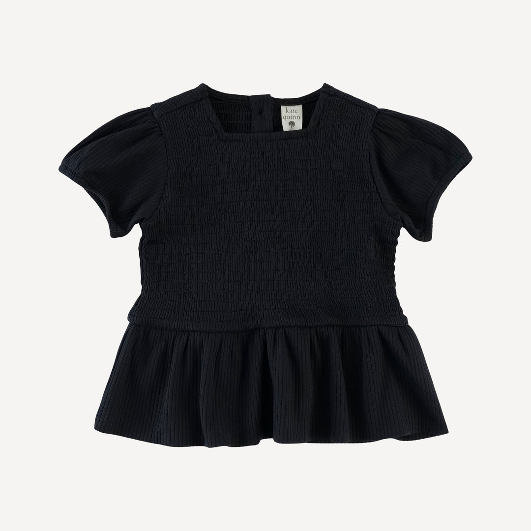 short puff sleeve smocked ruffle top + pant set | black | organic cotton single rib