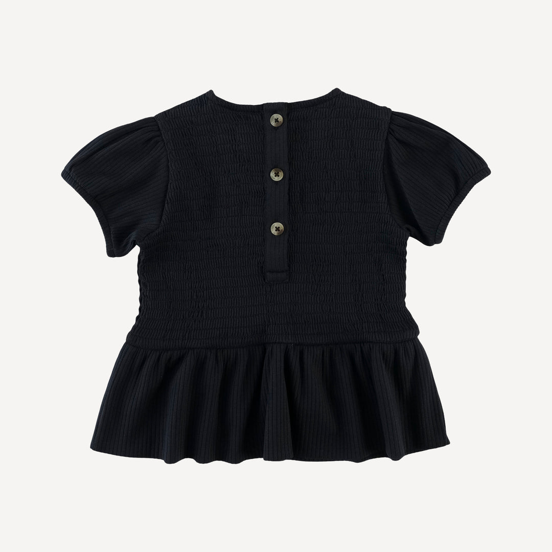 short puff sleeve smocked ruffle top + pant set | black | organic cotton single rib
