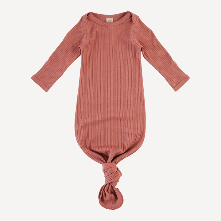 long sleeve lap neck knotted gown | rose | organic cotton multi rib