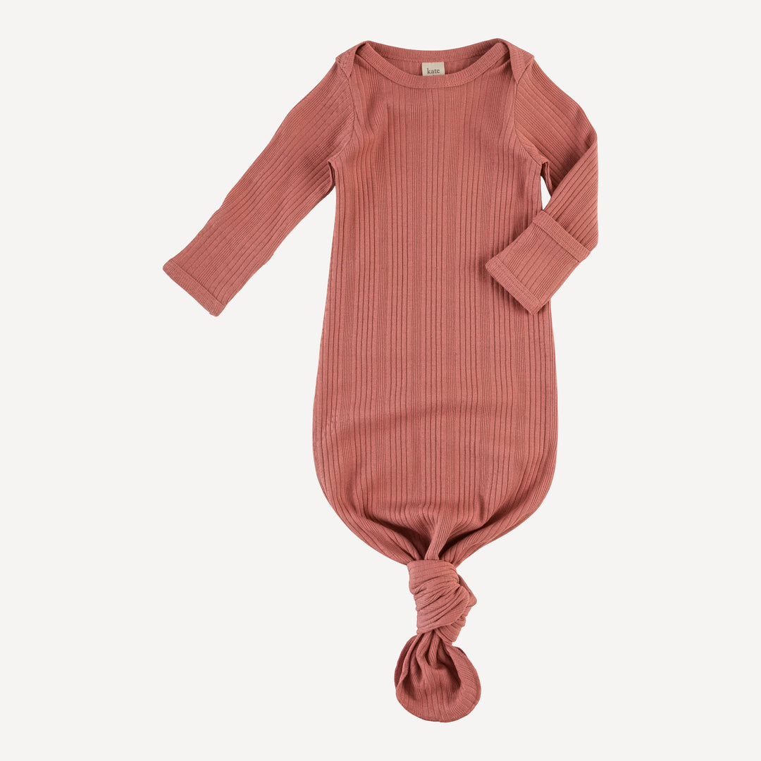 long sleeve lap neck knotted gown | rose | organic cotton multi rib