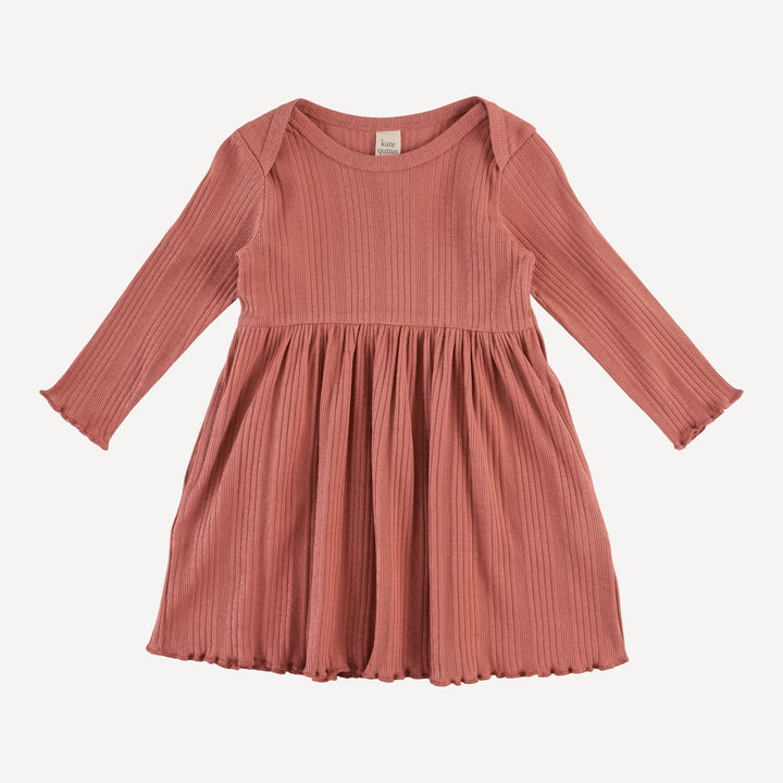 long sleeve lap neck lettuce dress | rose | organic cotton multi rib