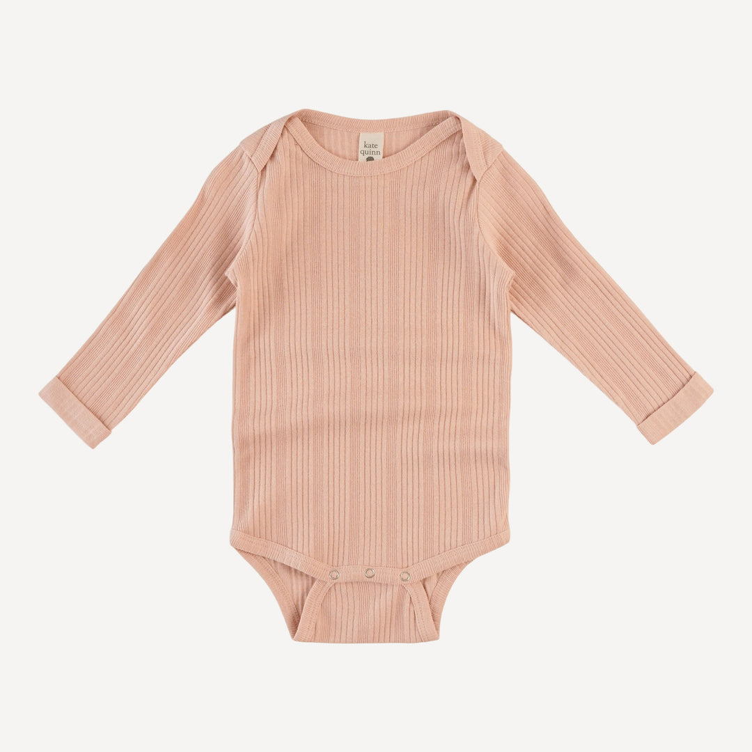 long sleeve lap neck bodysuit with rolled arms | peony | organic cotton multi rib