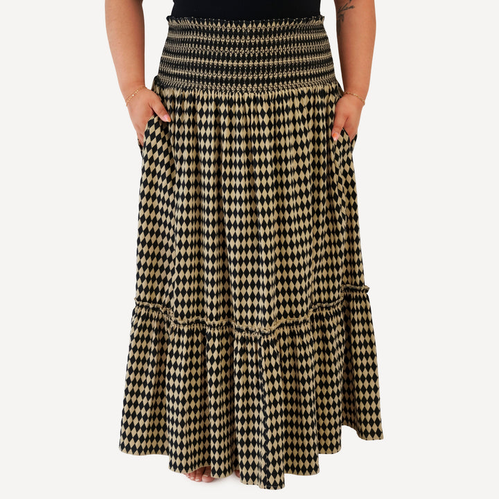 womens spaghetti tie winnie convertible dress | black harlequin | organic cotton jersey