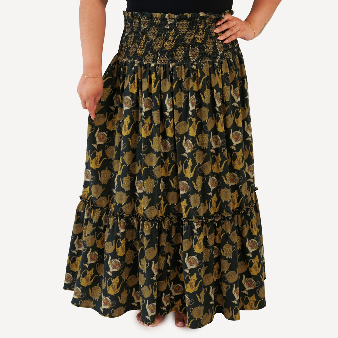 womens spaghetti tie winnie convertible dress | gold teapots | organic cotton jersey