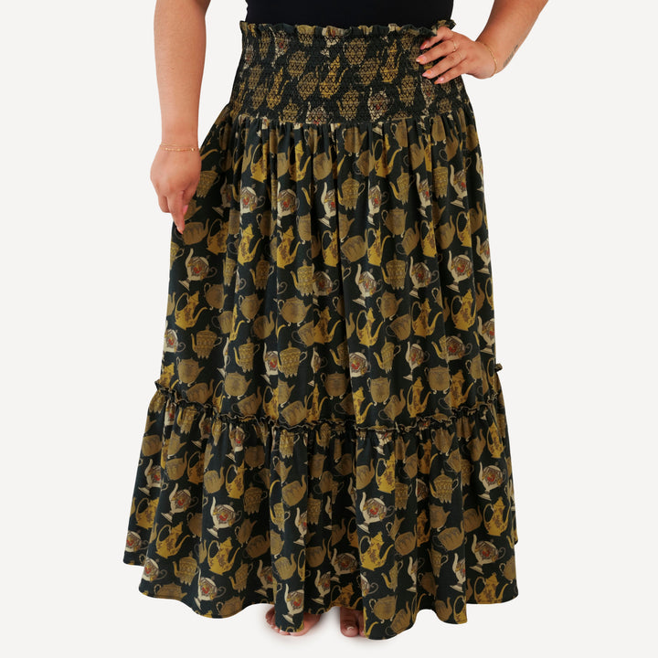 womens spaghetti tie winnie convertible dress | gold teapots | organic cotton jersey