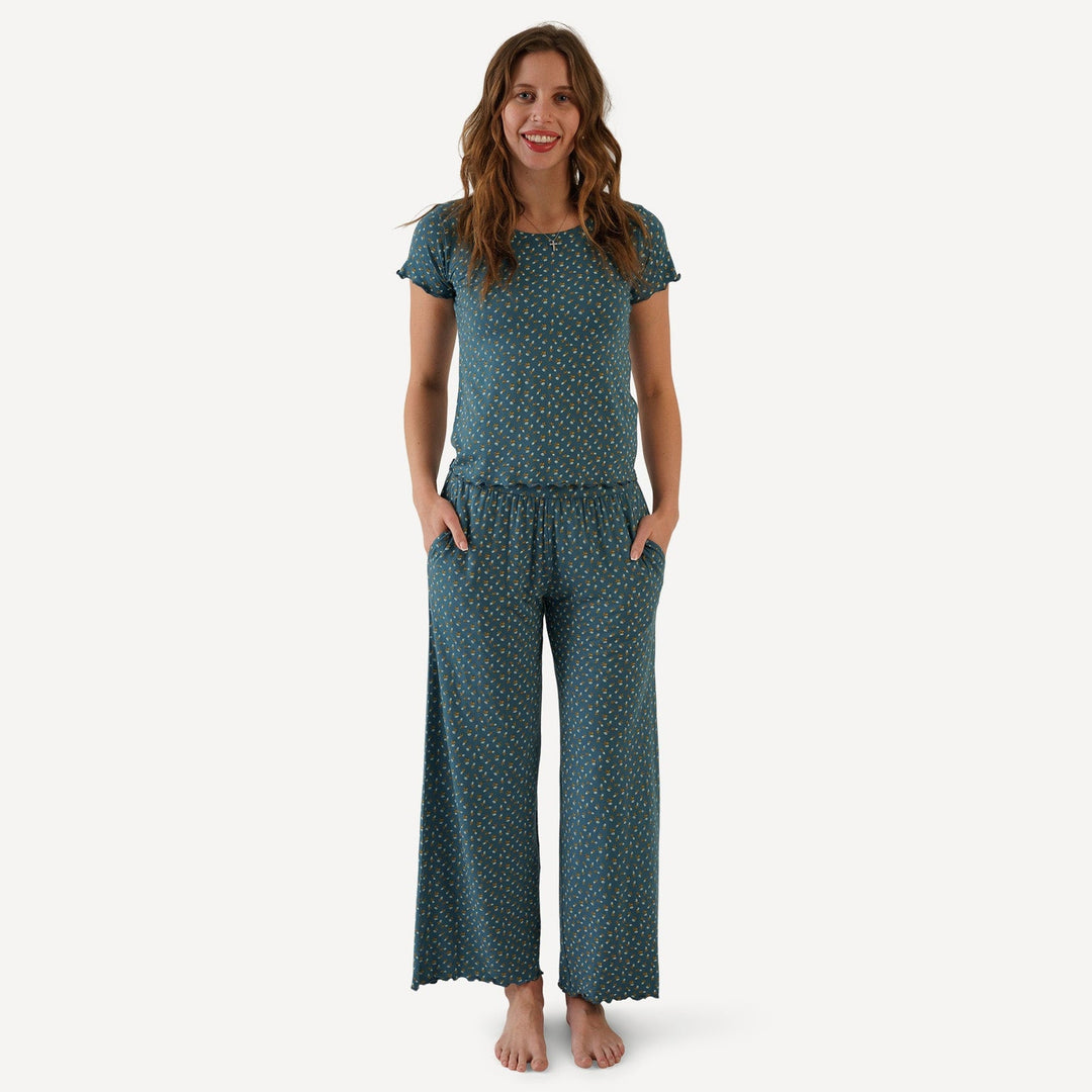 womens short sleeve jade set | tiny blue rosebud | bamboo