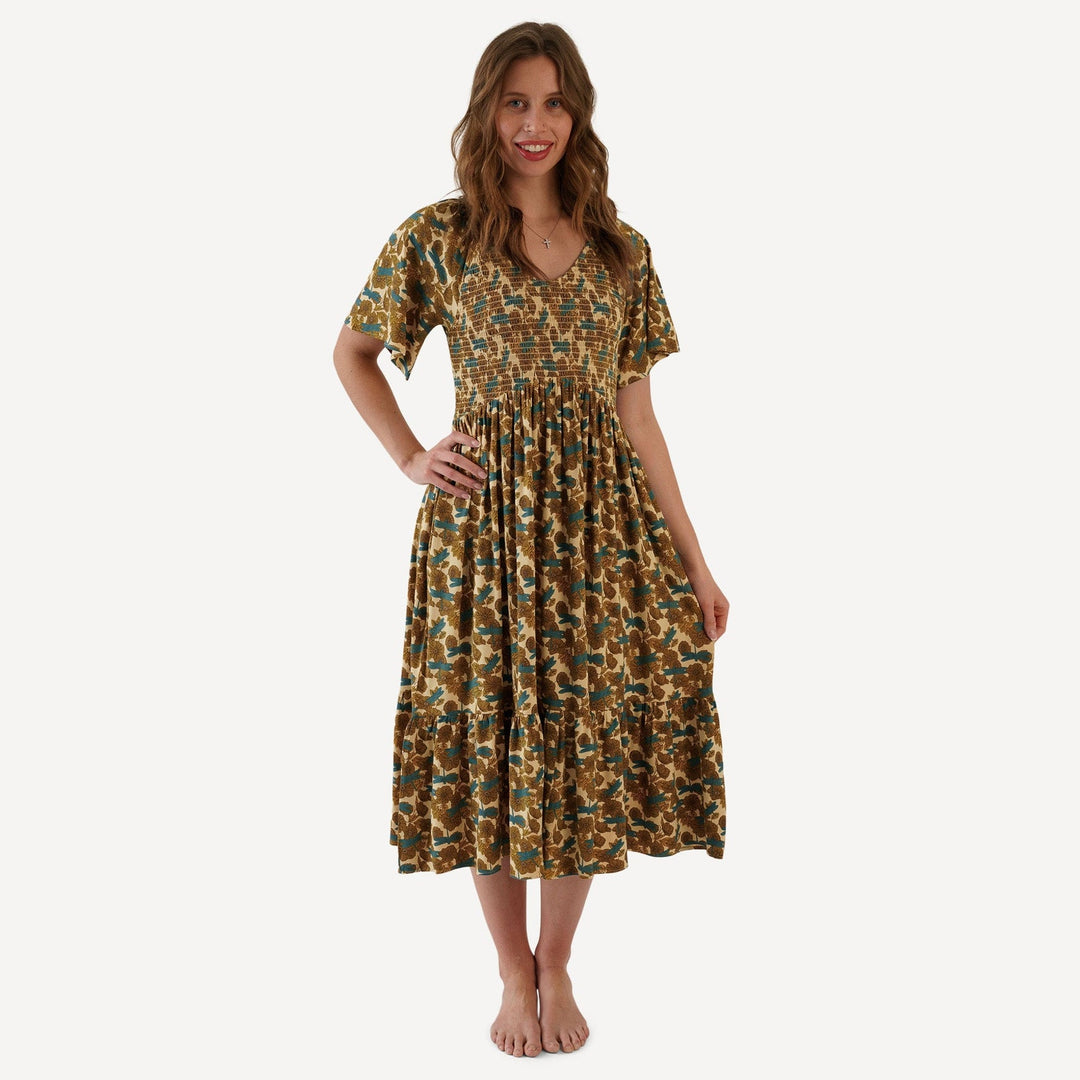 bamboo midi dress womens flutter sleeve smocked midi dress | dragonfly garden