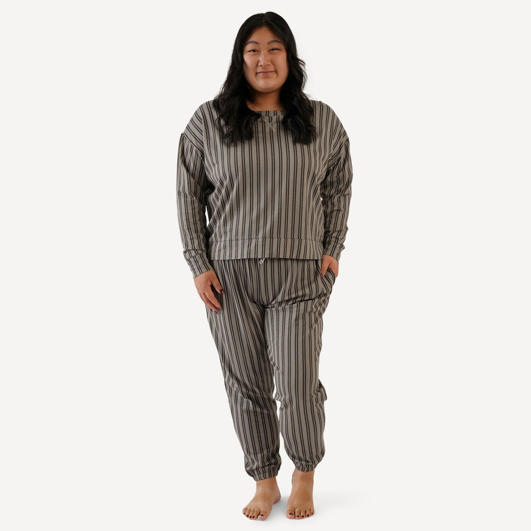 womens long sleeve relaxed jogger set | gray vintage mattress stripe | bamboo