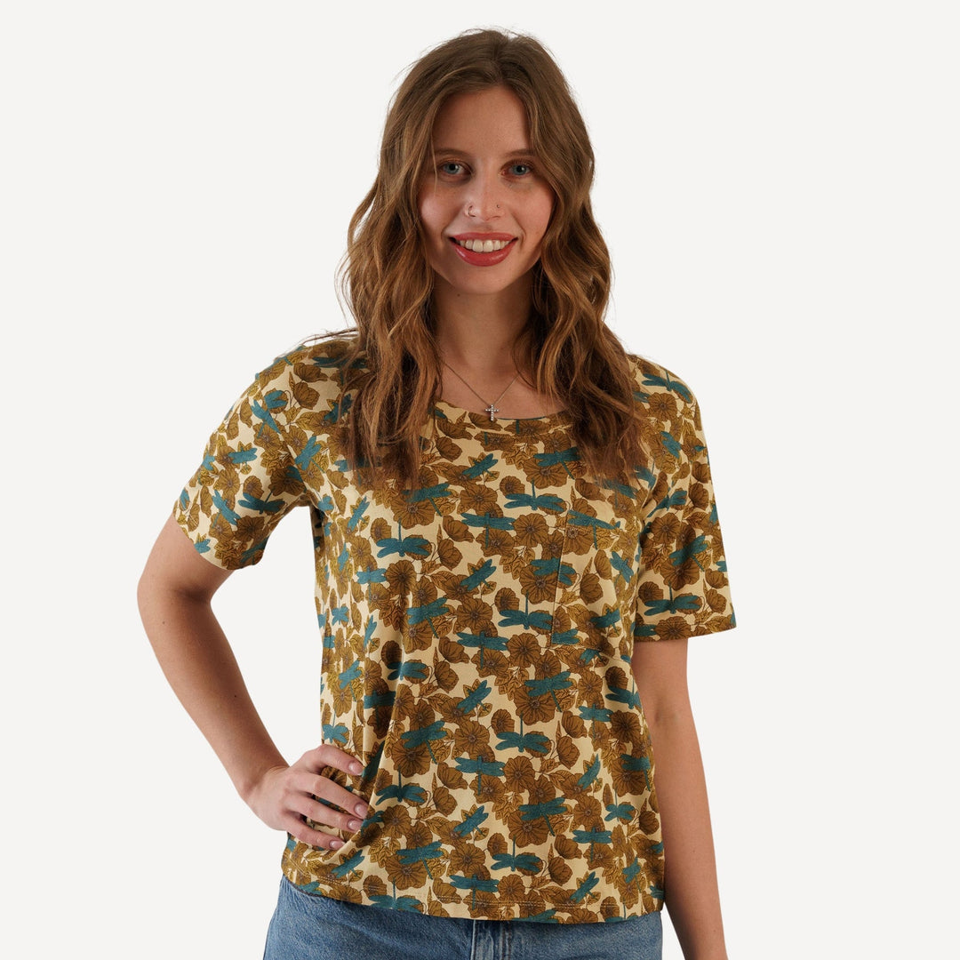 womens short sleeve pocket boxy top | dragonfly garden | bamboo