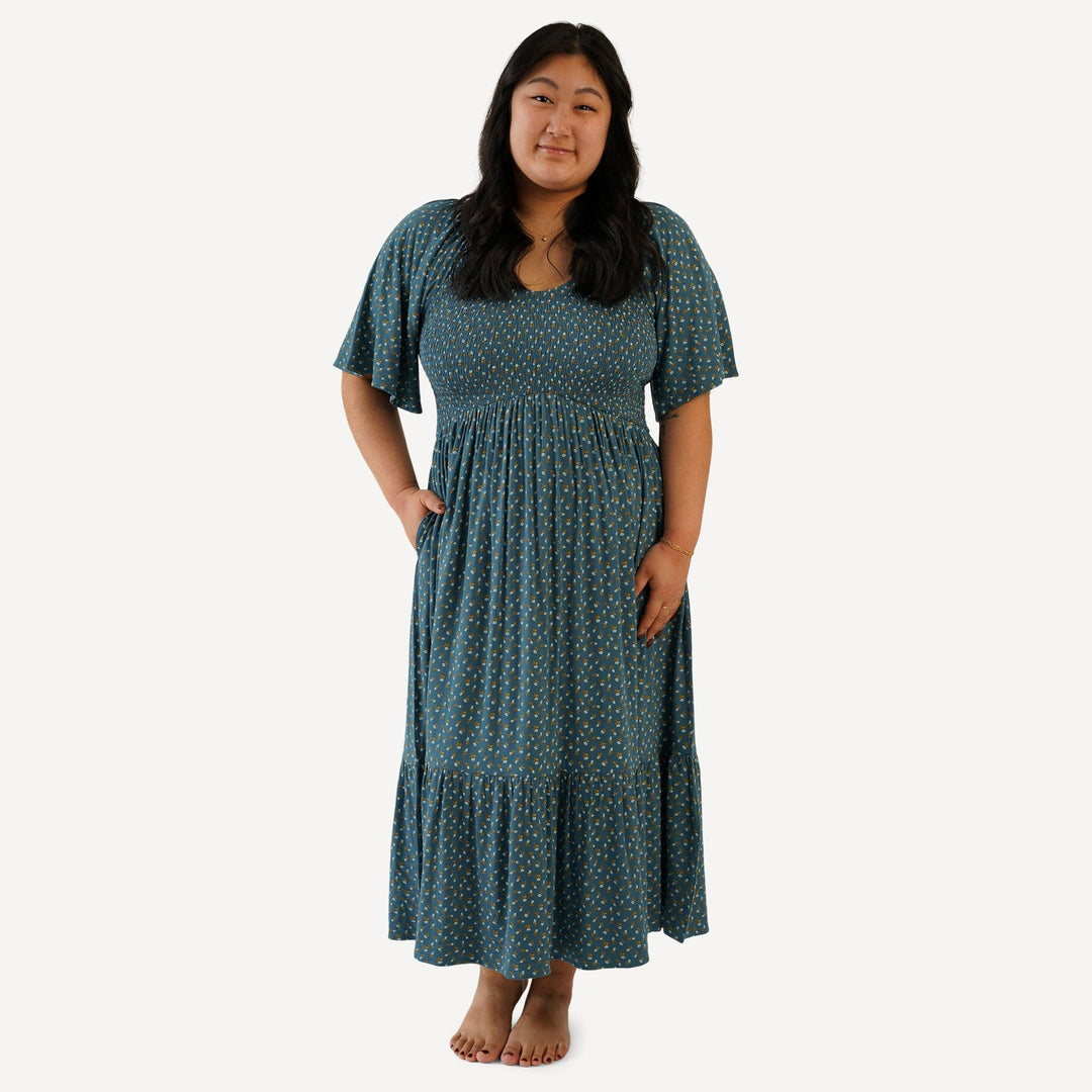 womens flutter sleeve smocked midi dress | tiny blue rosebud | bamboo