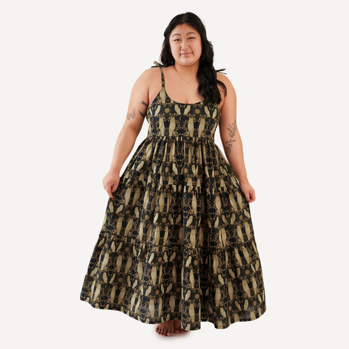 womens spaghetti tie prairie dress | mystical owl | organic cotton woven