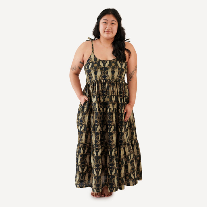 womens spaghetti tie prairie dress | mystical owl | organic cotton woven