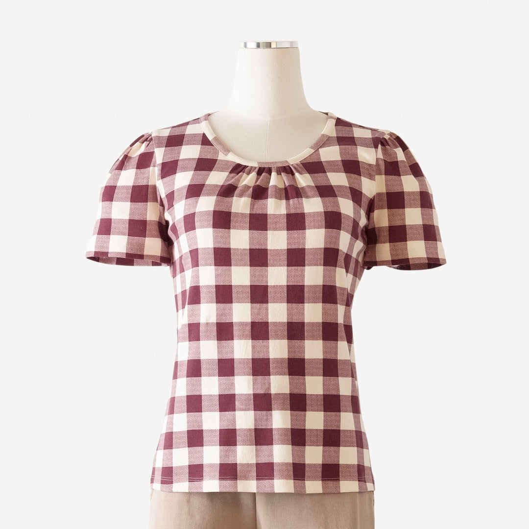 womens short puff sleeve scoop neck top | bordeaux gingham | organic cotton interlock