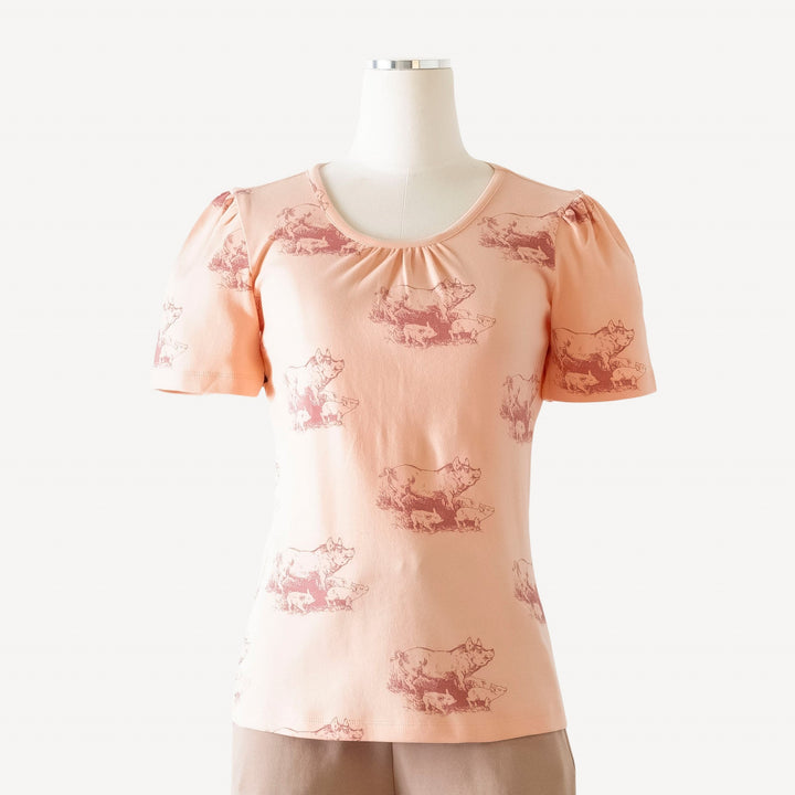 womens short puff sleeve scoop neck top | rose piggies | organic cotton interlock