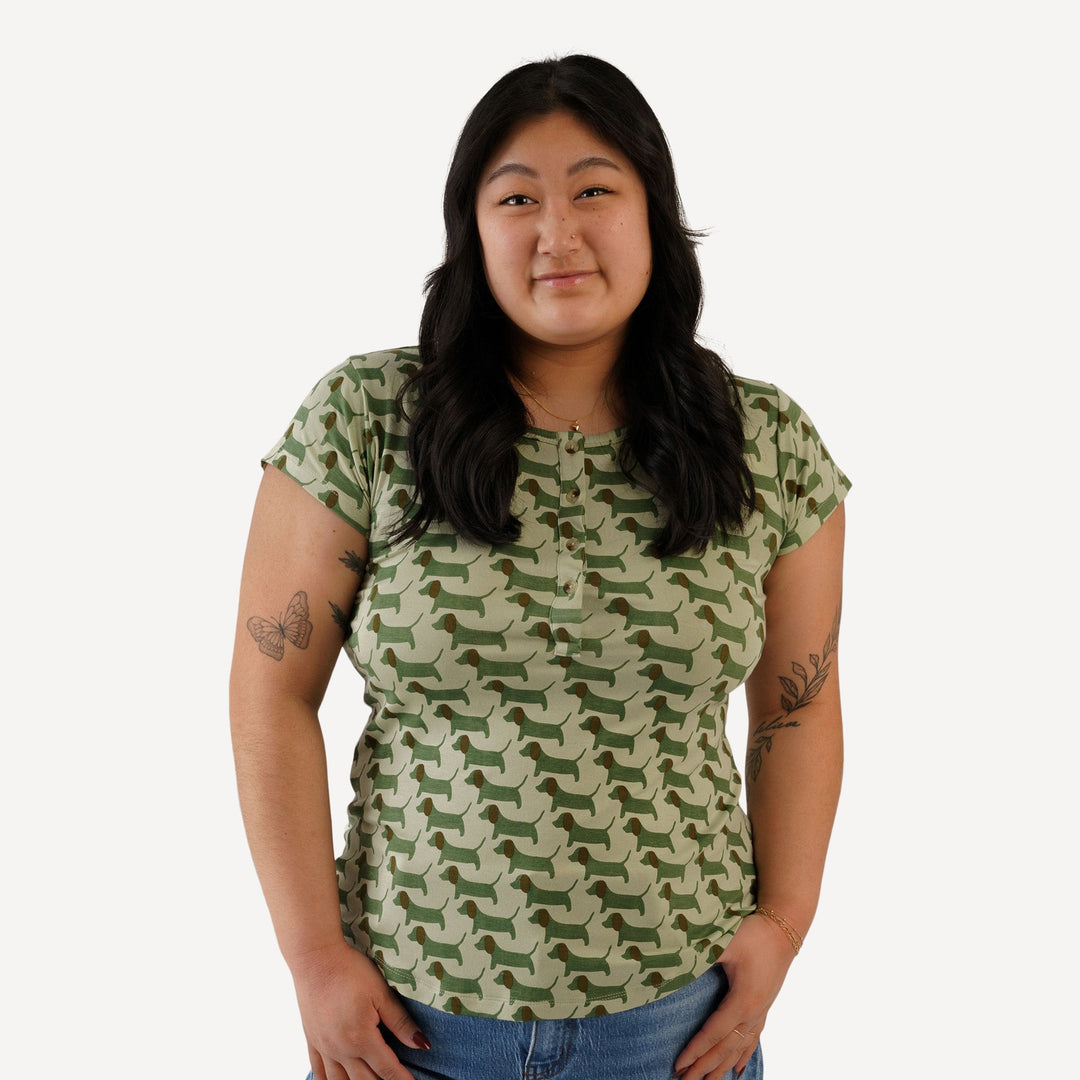 womens cap sleeve henley top | 70s puppies | bamboo