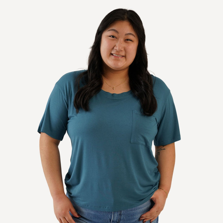 womens short sleeve pocket boxy top | tapestry | bamboo