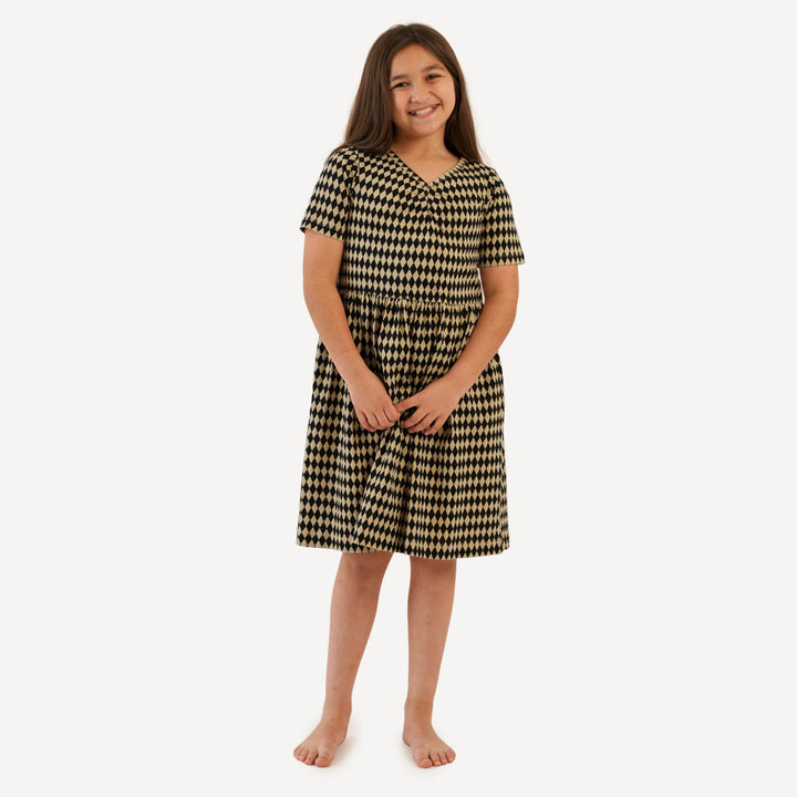 tween short sleeve twirl dress | black harlequin | organic cotton jersey