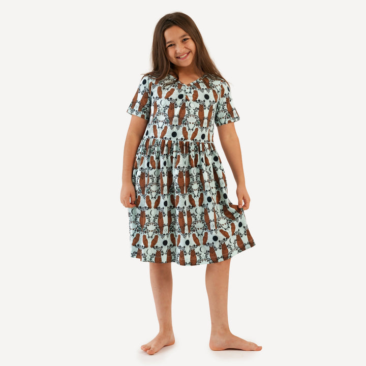 tween short sleeve twirl dress | rust mystical owl | organic cotton jersey