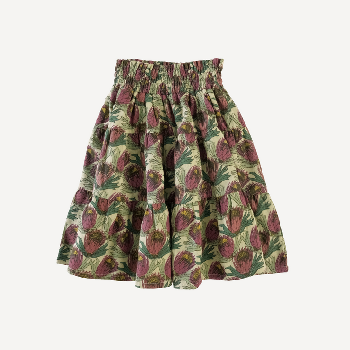 smocked gathered tiered skirt | large proteas | organic cotton gauze