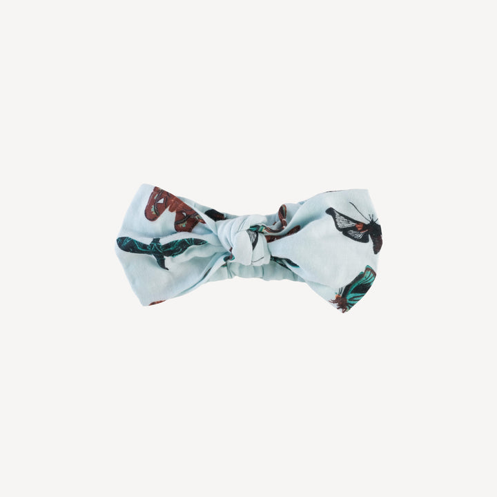 large bow elastic headband | turquoise moths | organic cotton gauze