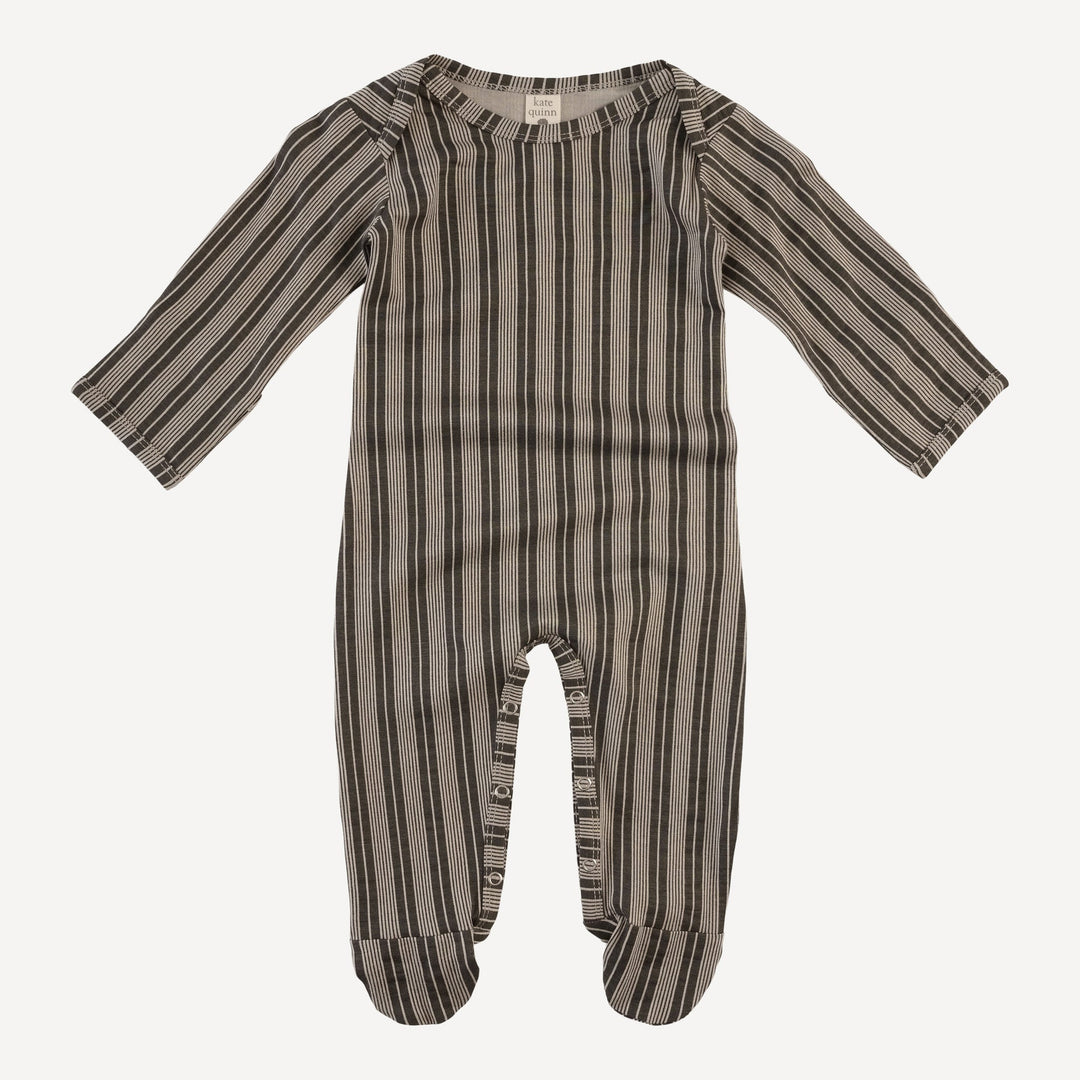 long sleeve lap neck footie | gray vintage mattress stripe | bamboo