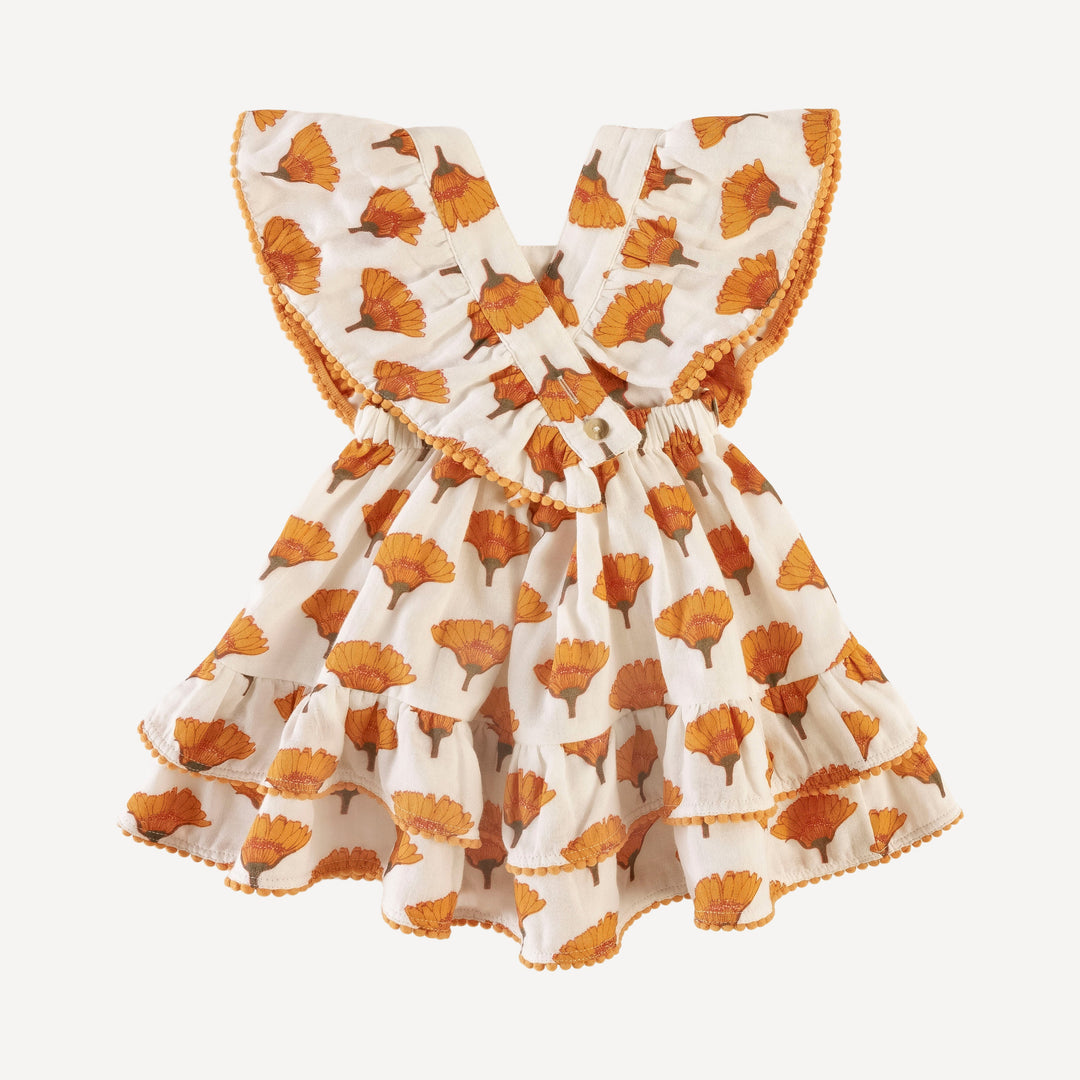 ruffle strap pom pom dress | large marigold | organic cotton gauze
