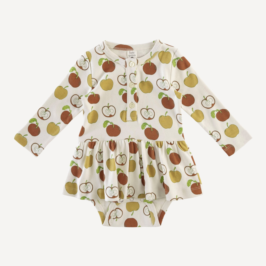 long sleeve henley skirted bodysuit | fall apples | organic cotton interlock