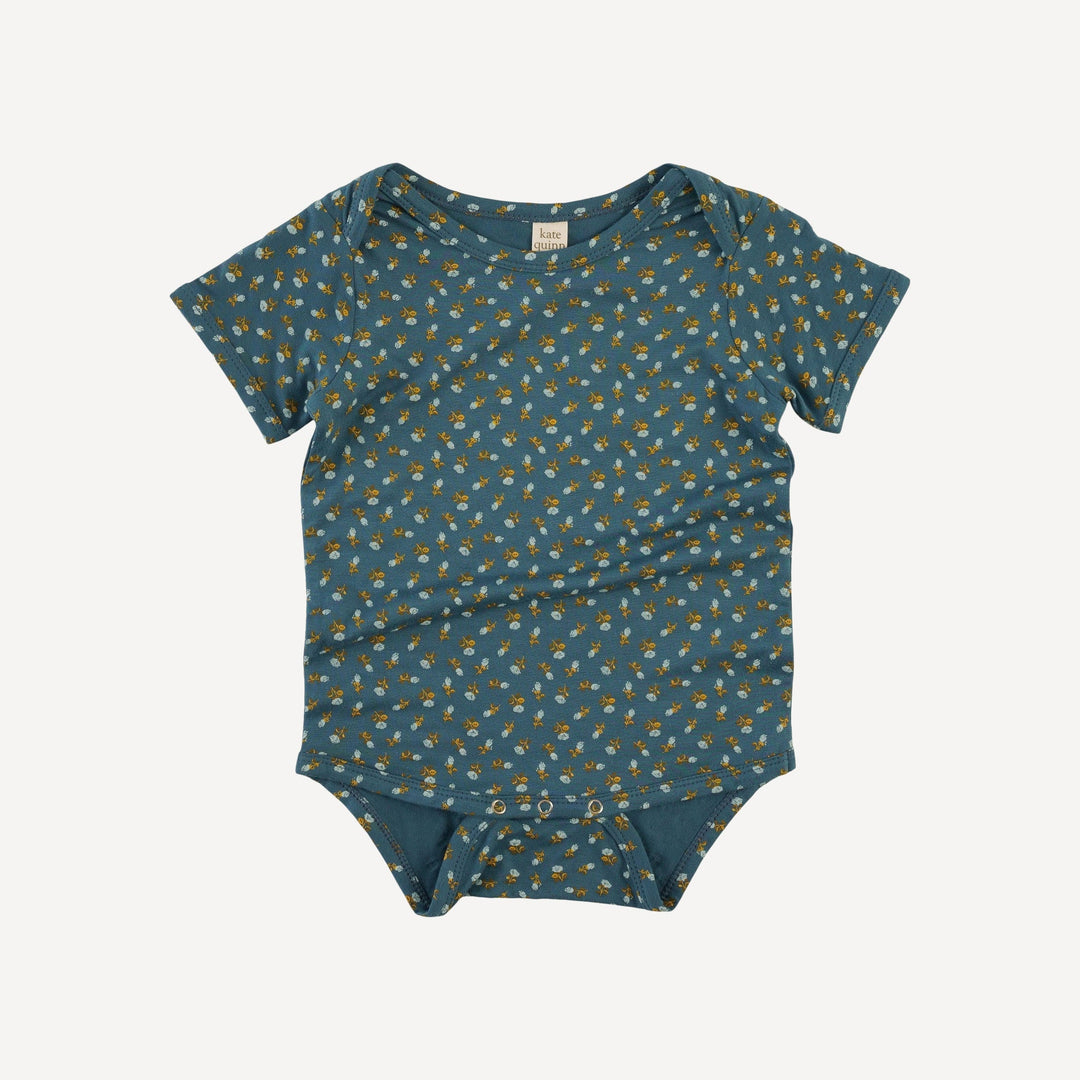 short sleeve lap neck bodysuit | tiny blue rosebud | bamboo