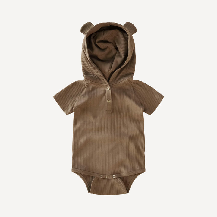 short sleeve henley bear bodysuit | shiitake | organic cotton single rib