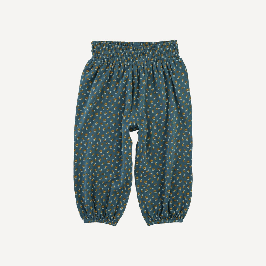 smocked gathered pant | tiny blue rosebud | bamboo