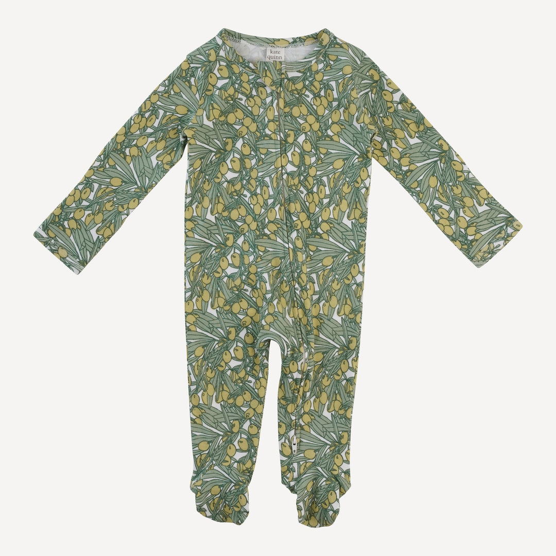 long sleeve two way zipper footie | green olive | organic cotton interlock