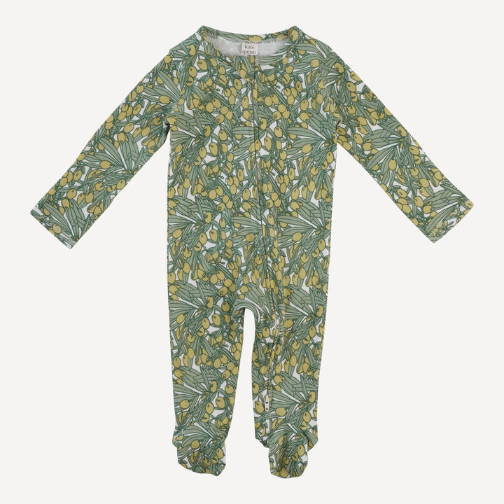 long sleeve two way zipper footie | green olive | organic cotton interlock