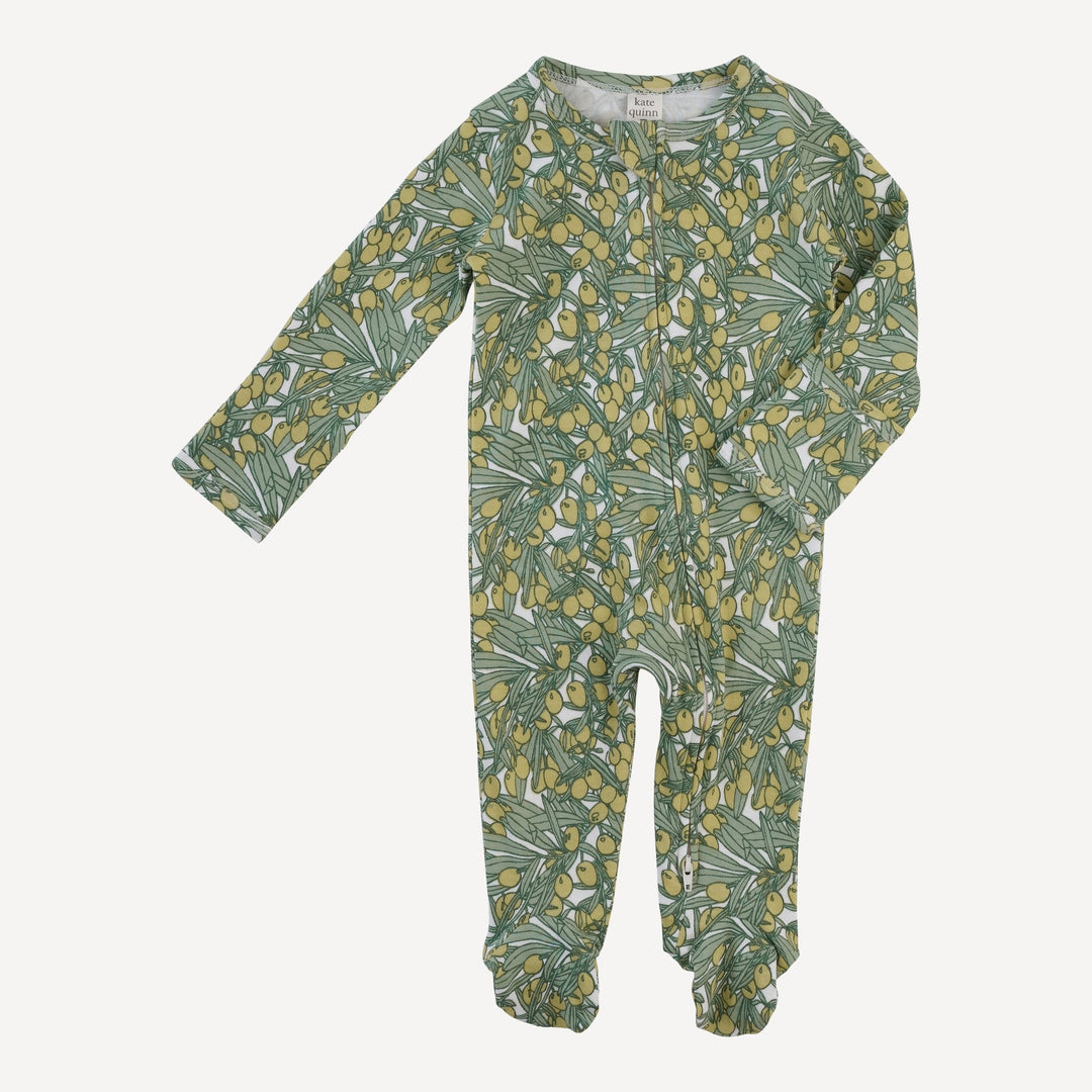 long sleeve two way zipper footie | green olive | organic cotton interlock