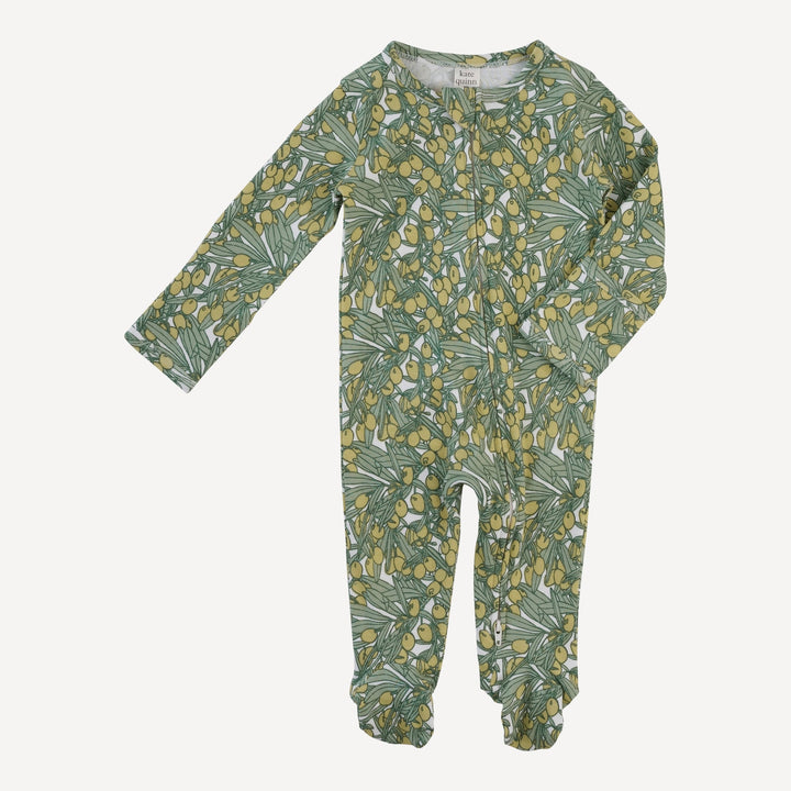 long sleeve two way zipper footie | green olive | organic cotton interlock