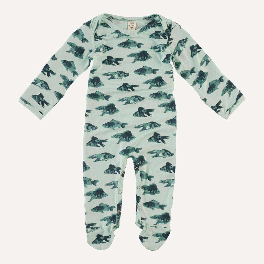 long sleeve lap neck footie | blue goldfish | bamboo
