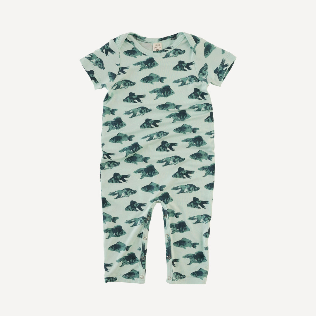 short sleeve lap neck jumpsuit | blue goldfish | bamboo