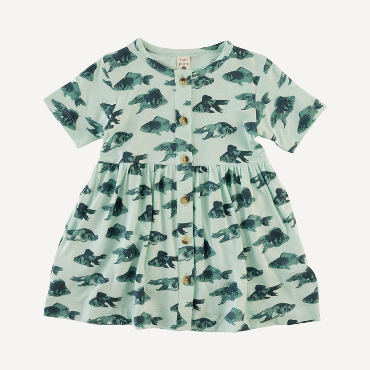 short sleeve button front dress | blue goldfish | bamboo