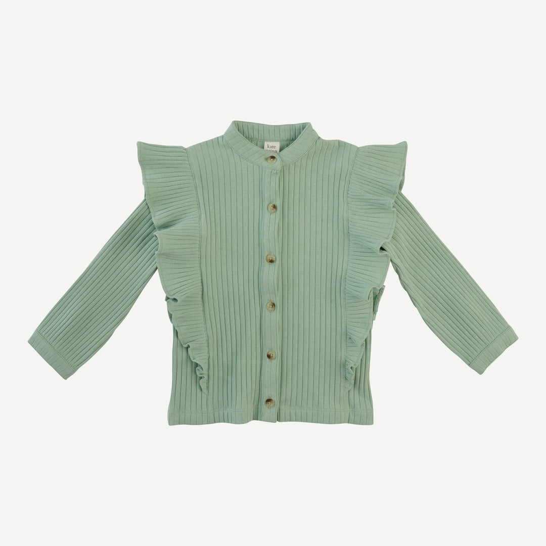 long sleeve button down ruffle top | smoke green | organic cotton wide rib