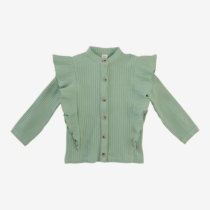 long sleeve button down ruffle top | smoke green | organic cotton wide rib