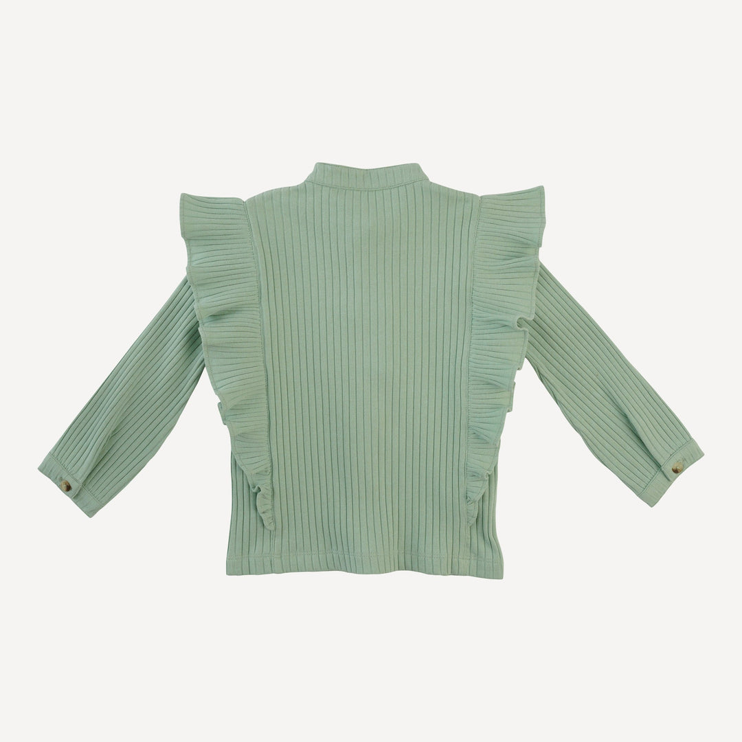 long sleeve button down ruffle top | smoke green | organic cotton wide rib