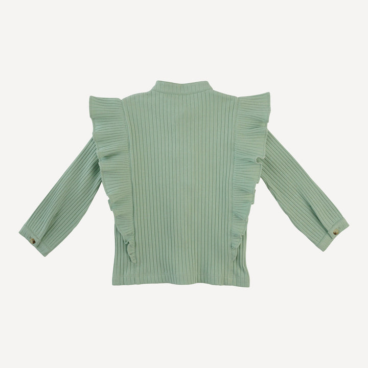 long sleeve button down ruffle top | smoke green | organic cotton wide rib