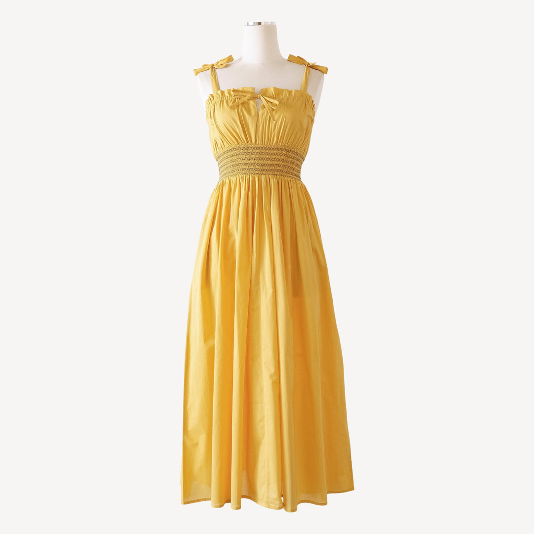 womens spaghetti tie winnie dress | golden | organic cotton woven