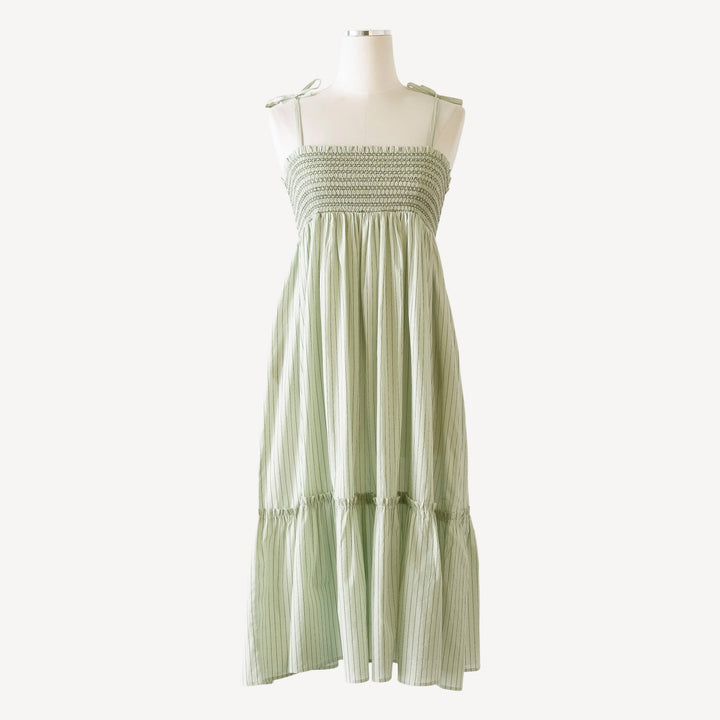 womens spaghetti tie winnie convertible dress | green pinstripe | organic cotton woven
