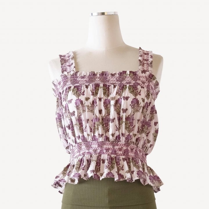 womens winnie tank | purple floral butterfly | organic cotton woven