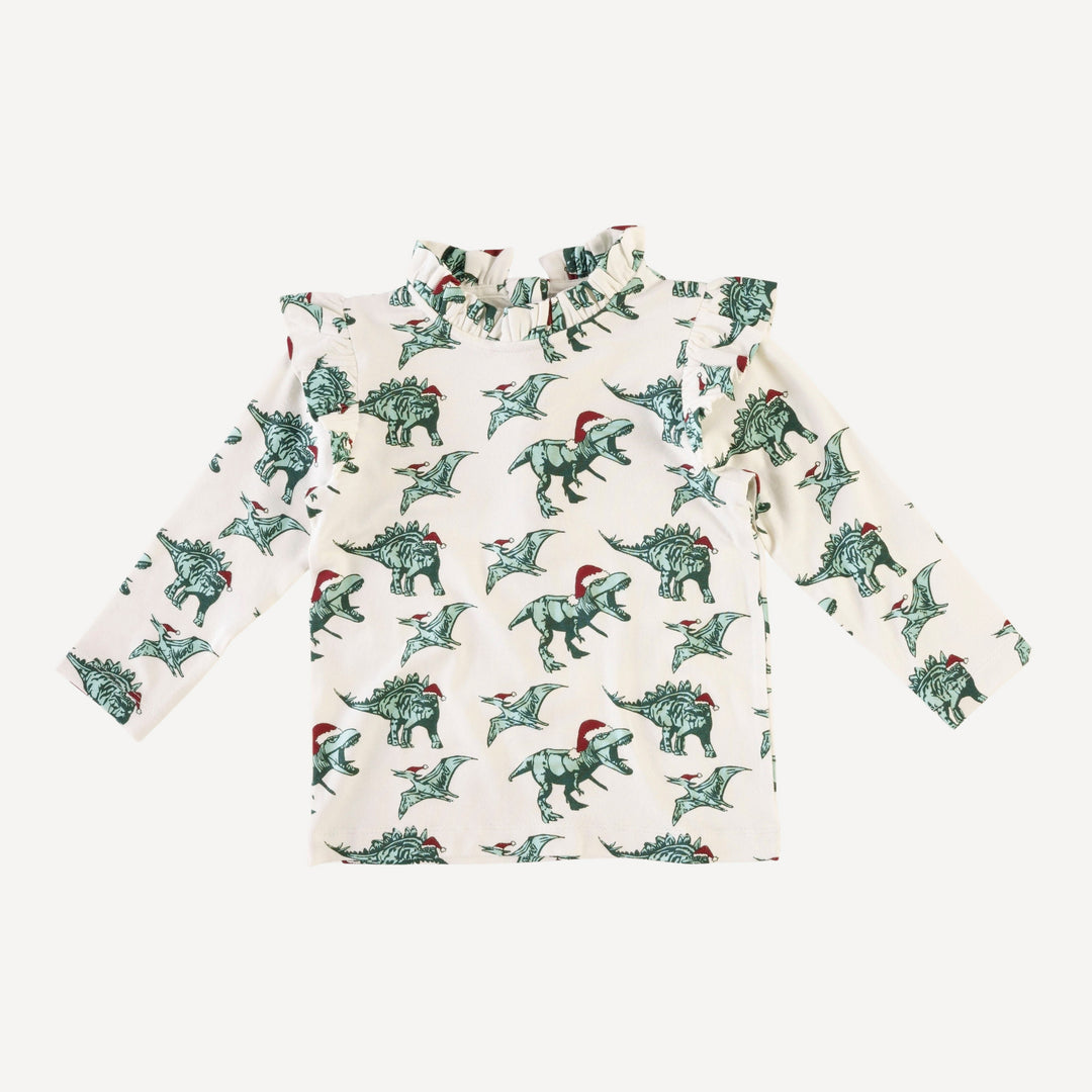 long sleeve little ruffle tee | santa dino | bamboo